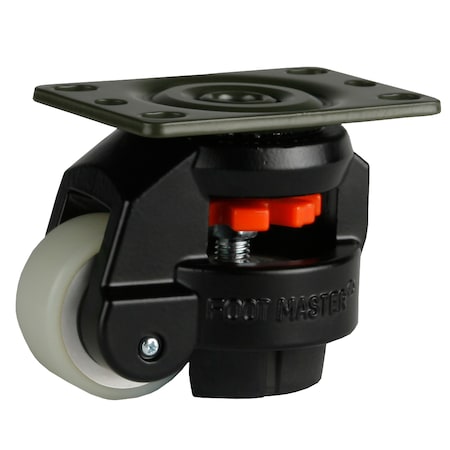 Foot Master Leveling Caster, 50 mm PU Wheel, 2-1/2 x 3-1/4 Plate, Swivel, 280 kg Cap, NBR Foot Pad, Black GD-60-F-HUP-FBL-PUS